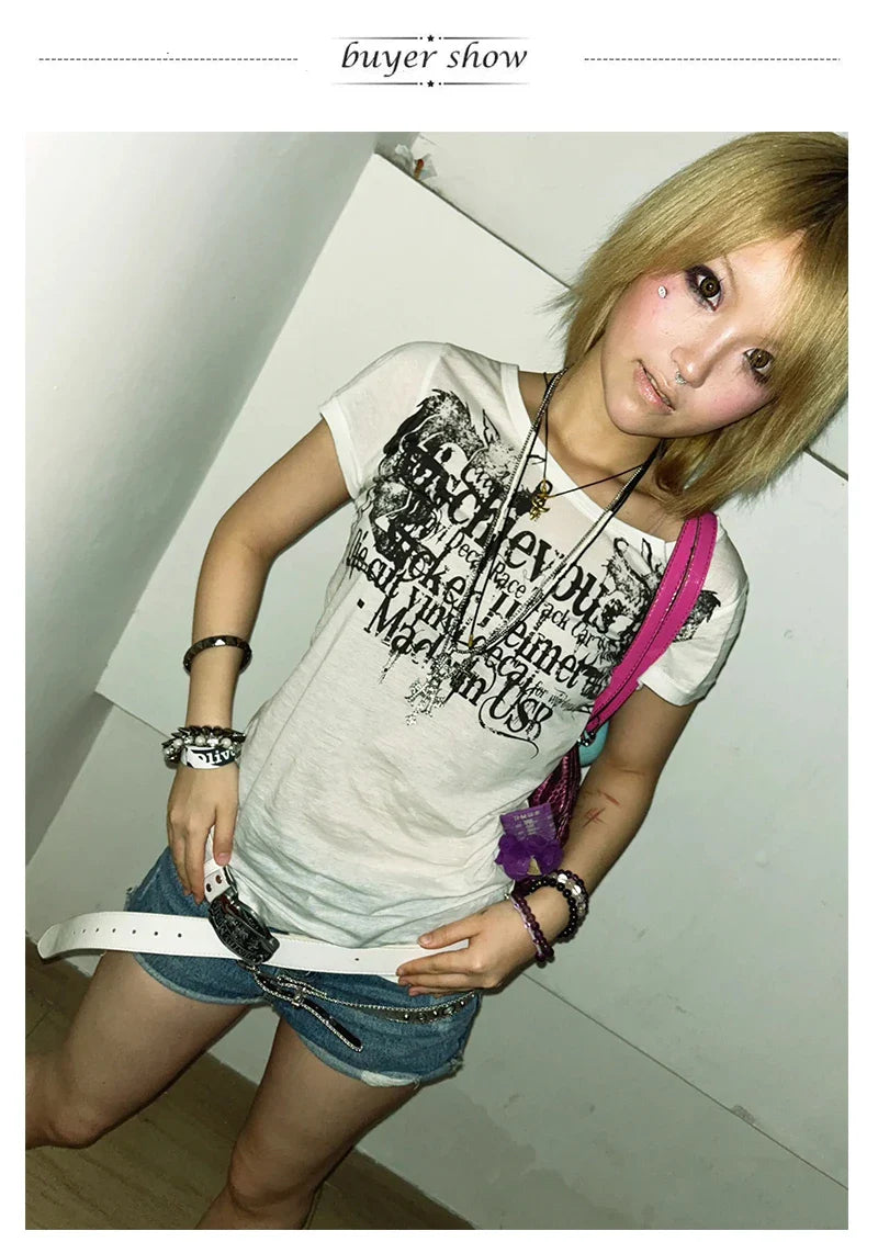 Japanese Y2k Letter Print T-shirt Trashy 2000s Style Tattoo T Shirt Vintage Harajuku Short Sleeve Sheer Tops Grunge Goth