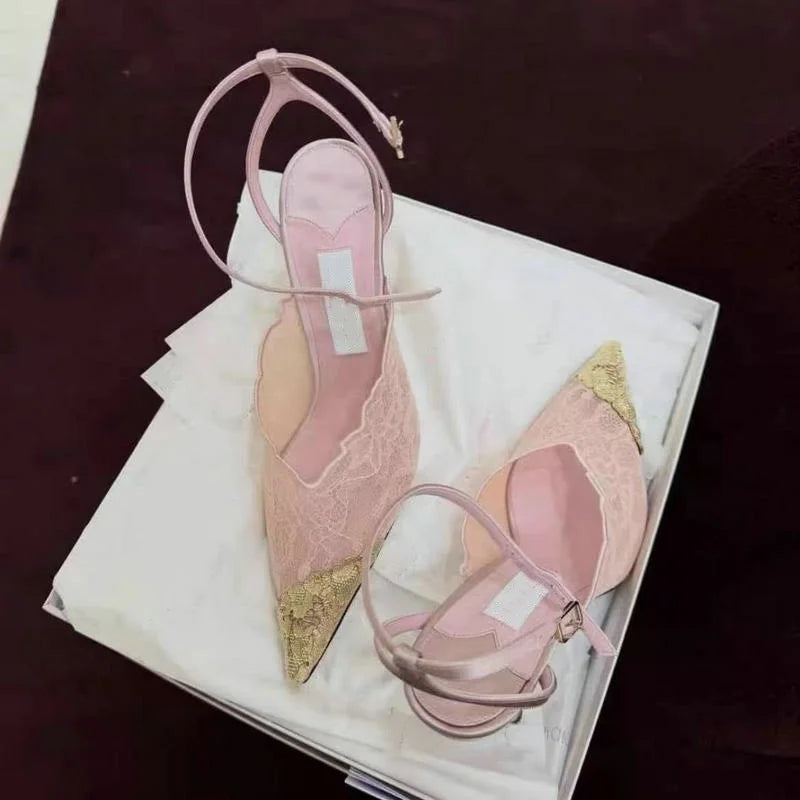 Fashion Lace Sequin Hollow Out Mesh Women Pumps Sexy Pointed Toe Designer Low Heels Slingback Sandals Ladies Shoes