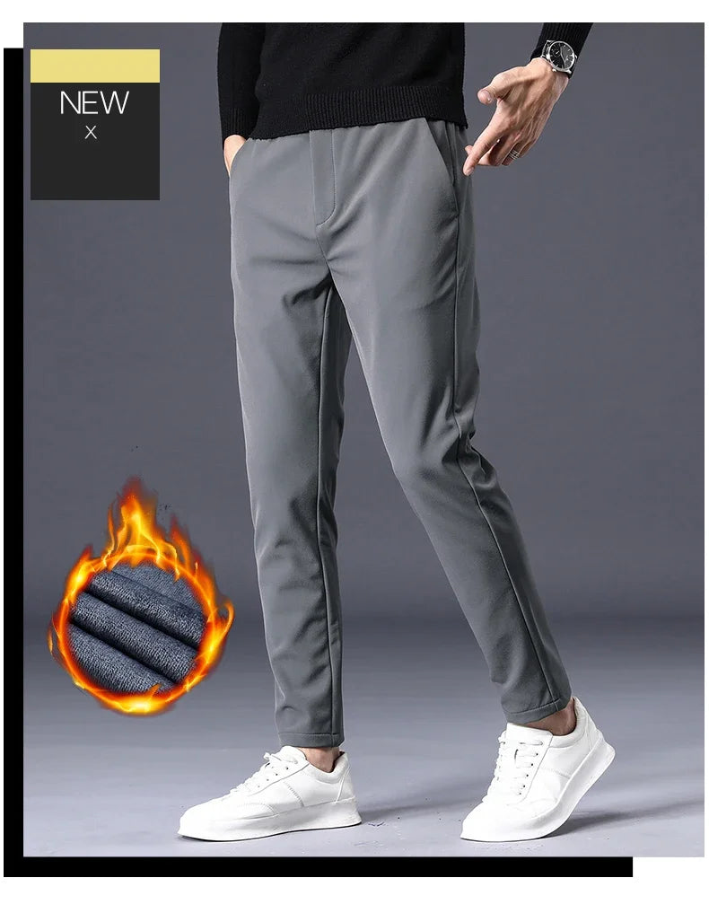 Fleece Pants Thick Men's Winter New Stretch Slim Business Warm Korean Fashion Plush Classic Trousers Male Brand 28-38
