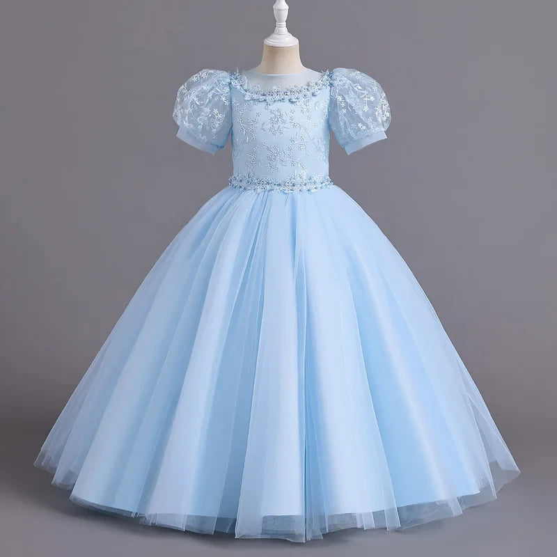 8901 Vestido Infantil para Meninas de 4 a 12 anos Princesa Lantejoulas Manga Bufante Longo Tule Florista Casamento Verão Pequeno