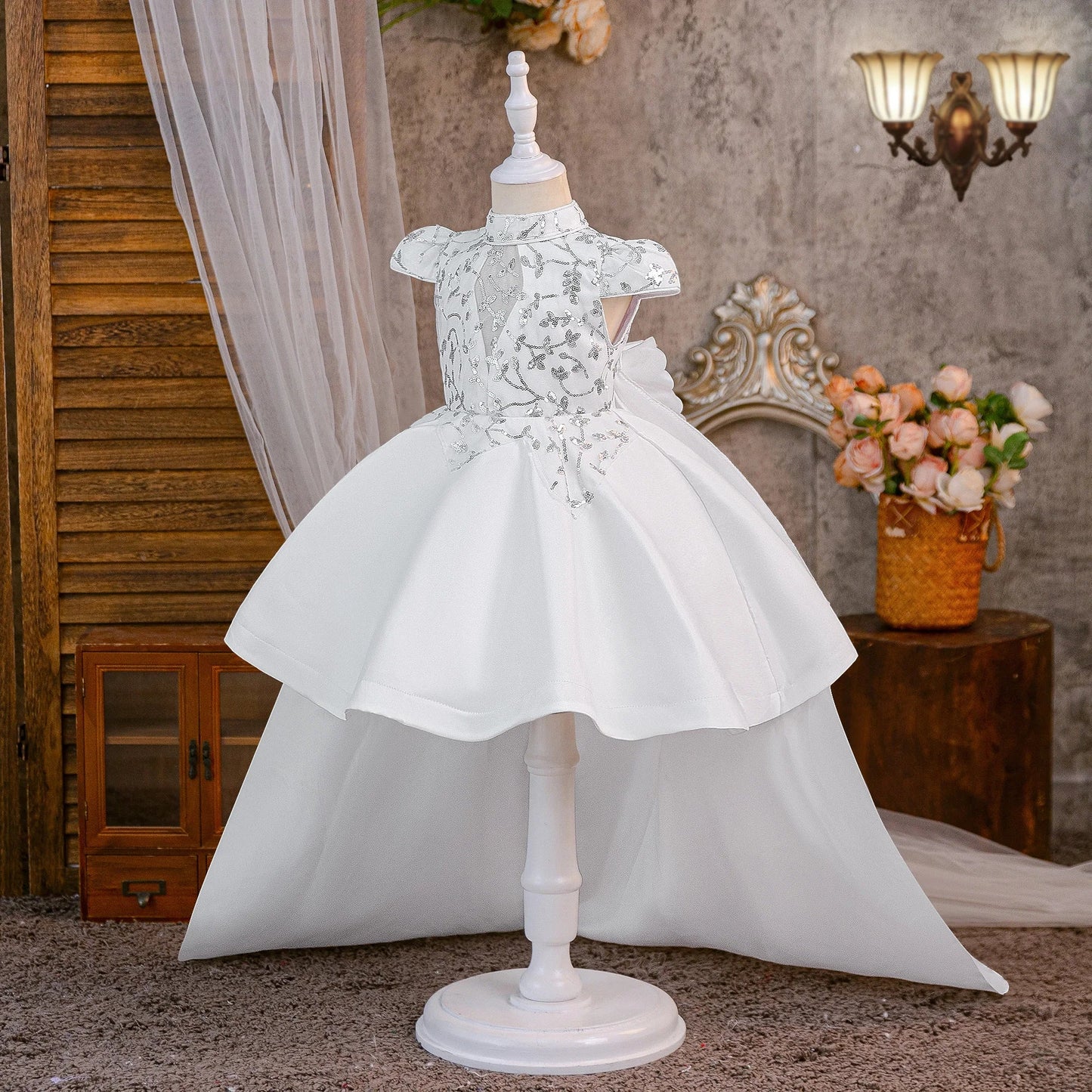 Elegant Big Flower Party Girls Dress Summer Tailed Wedding Bridesmaids Princess Dresses for Girl Birthday Pageant Prom Costumes