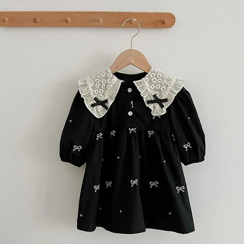 Outono 0-6 anos Vestido de Princesa para Meninas Roupas de Bebê Menina Gola Borboleta Roupas de Bebê Menina Peça Única Vestido Infantil Bordado