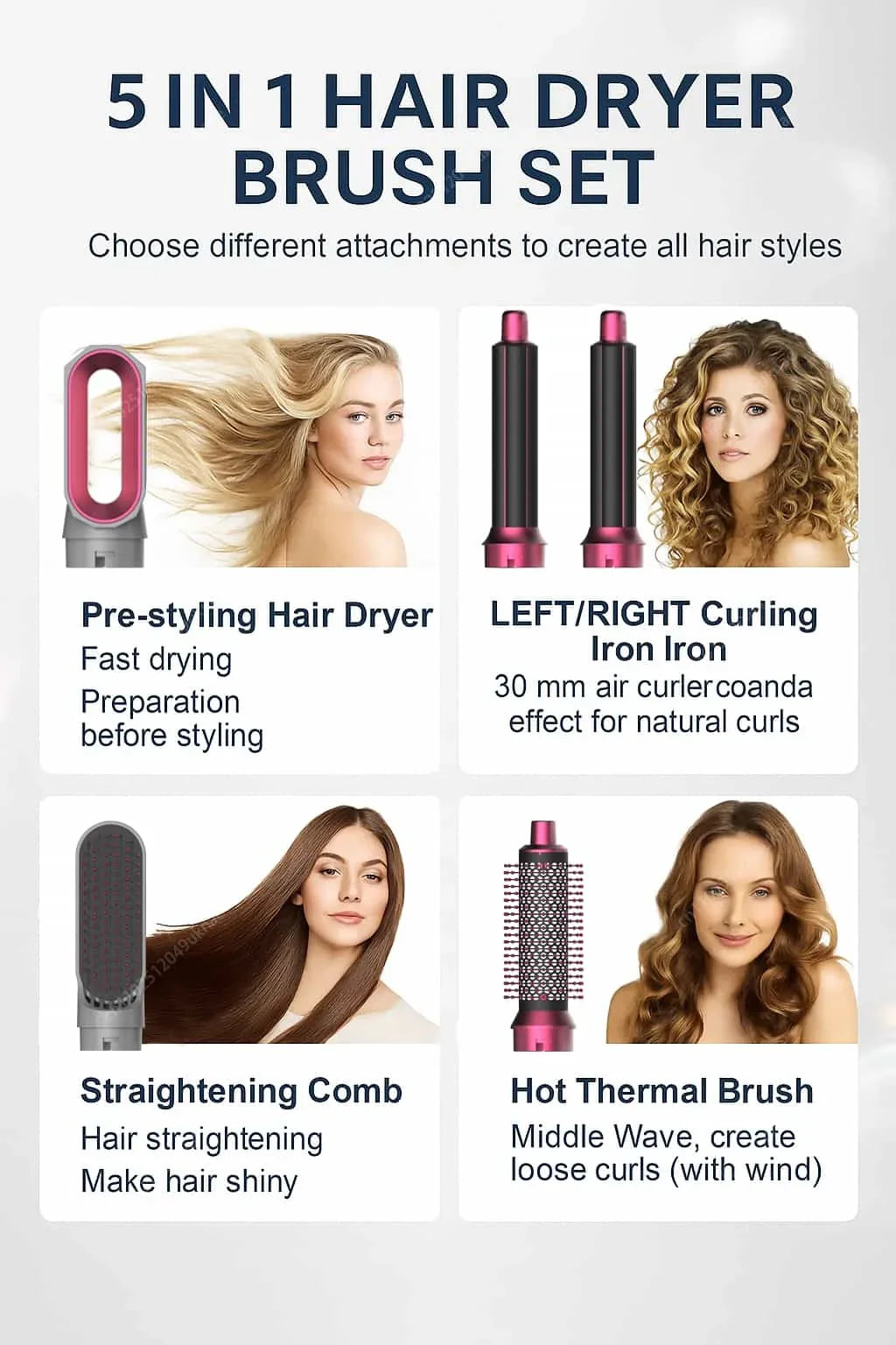 5 In 1 Professional Hair Dryer Hot Air Comb Brush With Curling Iron And Hair Straightener For Salon Quality Hair Styling