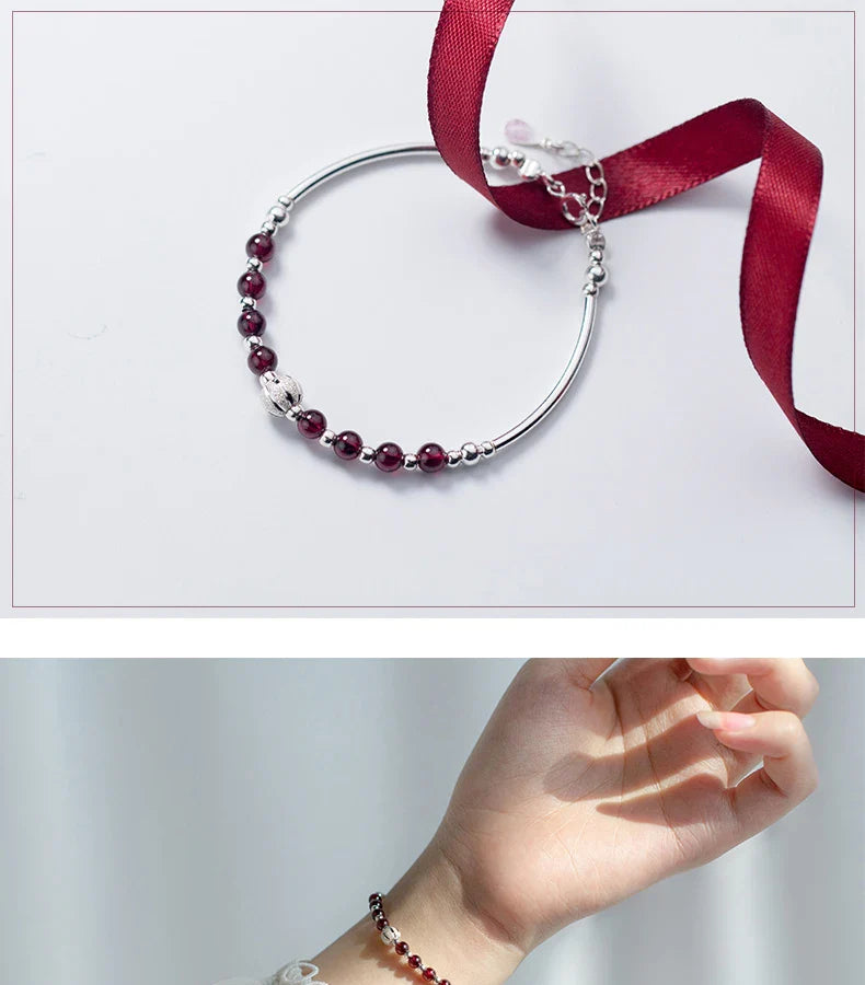 Natural Garnet Little Balls Sterling Silver 925 Bracelet for Women Link Chain Bracelet Ethnic Style Original Fine Jewelry