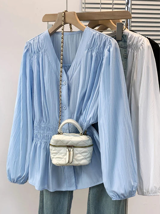 2026 V-neck Long Sleeved Plus Size Shirt Loose Pleated Ruffle Oversized Tops Ladies Chic Elegant Solid Versatile Blouse