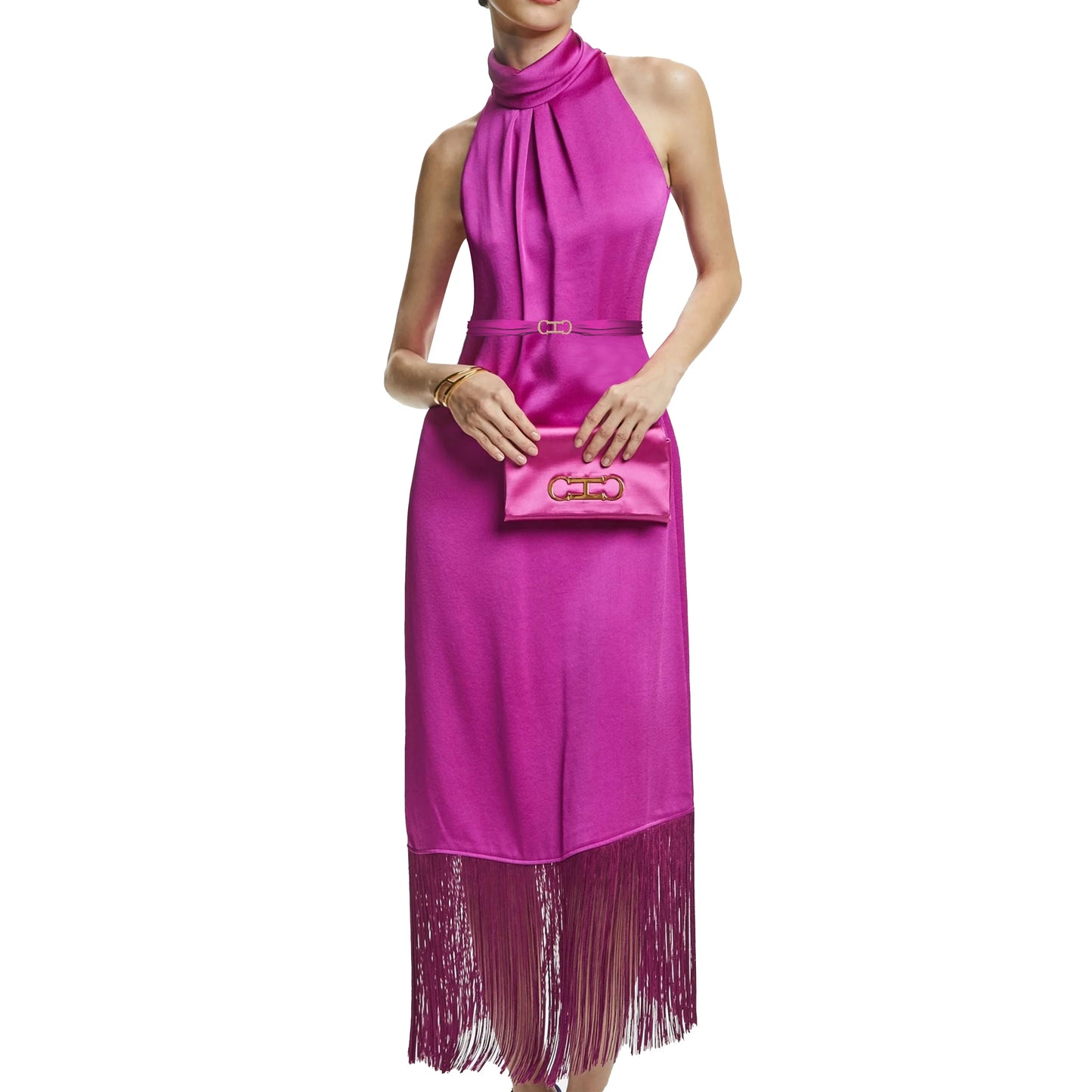 New Women Party Dress Hanging Neck Style Dress High Collar Sleeveless Fringe Skirt Hem Belt Evening Dresse