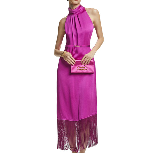 New Women Party Dress Hanging Neck Style Dress High Collar Sleeveless Fringe Skirt Hem Belt Evening Dresse
