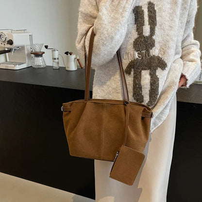 Suede Shoulder Bags for Women Large Suede Totes Lightweight Underarm Bag Casual Shopper Handbag Solid Color Travel Bucket Bags