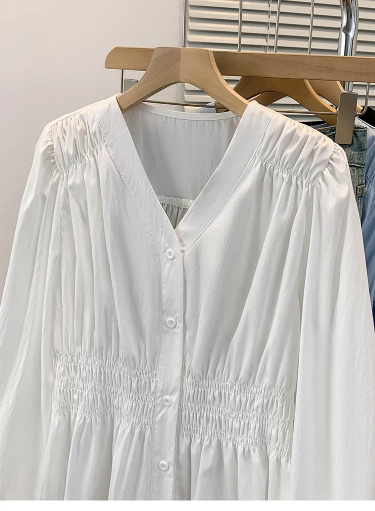 2026 V-neck Long Sleeved Plus Size Shirt Loose Pleated Ruffle Oversized Tops Ladies Chic Elegant Solid Versatile Blouse