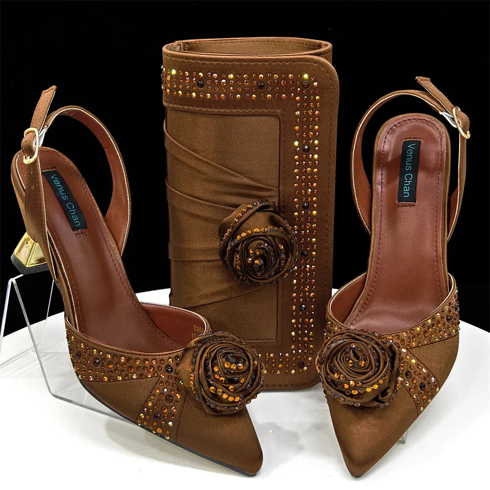 Elegant Rhinestone-Embellished Brown Heeled Shoes and Handbag Set for Women with Floral Decoration – Perfect Small Size Fashion