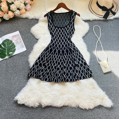 Fashion A-line Short Women Dress Elegant Y2K Geometric Knitted Summer Dress Female Harajuku Black Party Vestidos