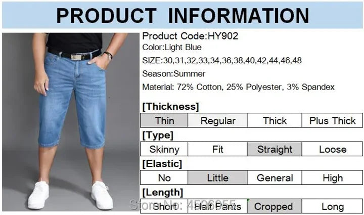 Summer Shorts Calf Length Trousers Plus Size 48 42 Men Denim Elastic Stretched Thin Jean Oversized Classic Straight Streetwear