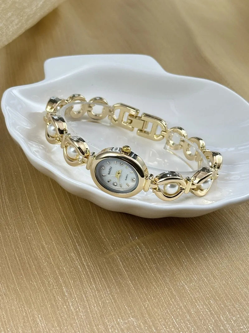 Luxury Pearl Inlaid Bracelet Watch Fashion Women Quartz Watch Brand Oval Dial Dress Wristwatches Dropshipping Relojes Para Mujer