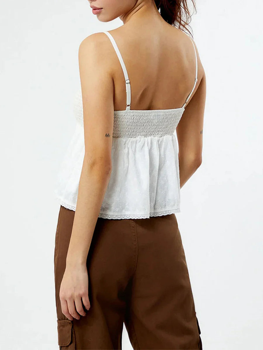 Women Eyelet Lace Trim Smocked Ruffle Cami Sleeveless Tank Top 2024 Summer Square Neck Spaghetti Strap Pleated Peplum Shirt y2k