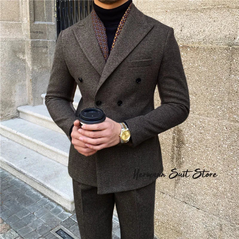 Wool Blend Men's 2 Piece Suit Set（Jacket+Pants) Double Breasted Lapel Suit Set Wedding  Prom Dinner Wrok Travel Dinner Banquet