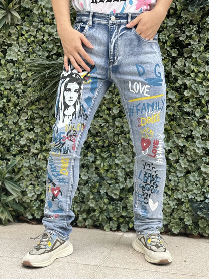 Calça Jeans Masculina Estampada Elegante   Cor Azul Claro Clássica e Versátil   Adequada para Todas as Estações e para a Moda Urbana