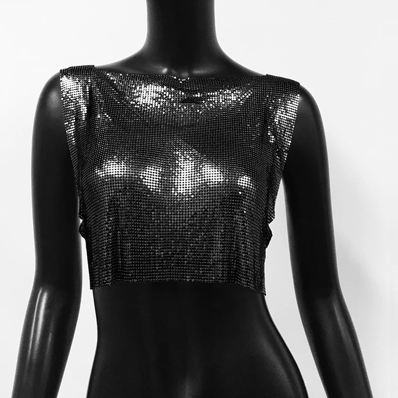 Sexy Metal Sequin Tank Top For Women y2k Summer Beach Backless Crop Top Rave Festival Club Outfits Camisole