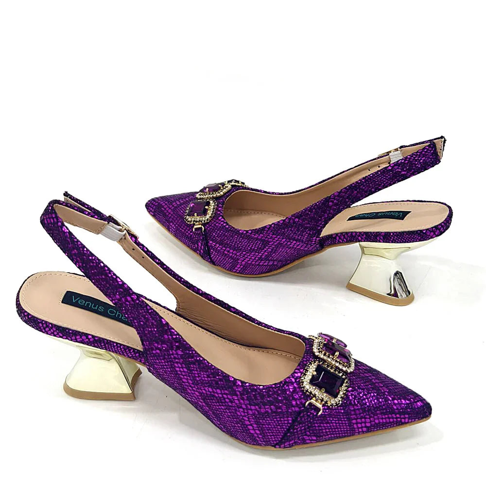 Rhinestone Pointed-Toe High Heels Shoes and Bags Set for Women Wedding and Party Elegant Luxury Fashion in Wine Color