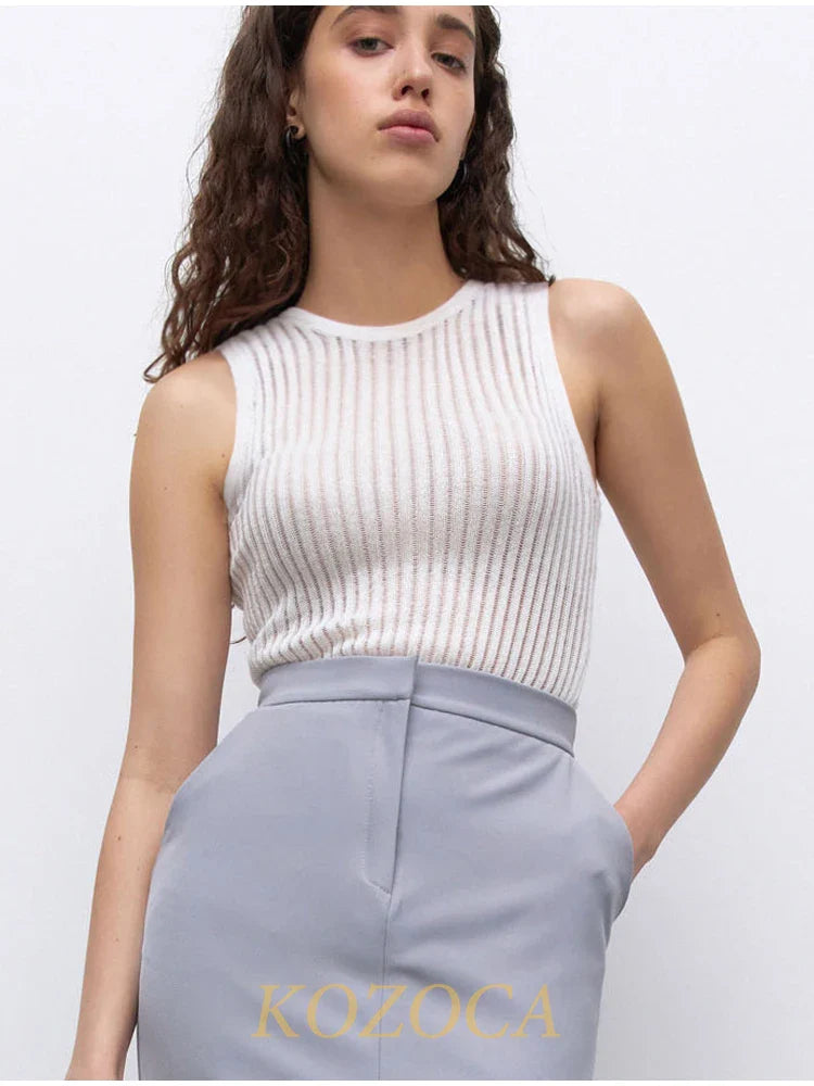 100% Wool Chic Solid Tanks Elegant Striped See Through Hollow Out Women Tops Sleeveless Elastic Tops Club Party Clothes