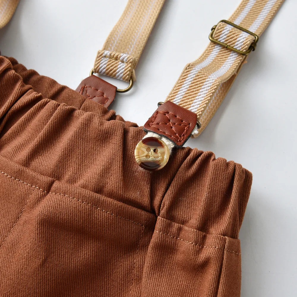 Boy Autumn Cotton Long Sleeve Plaid Shirt and Strap Pants Set Boys' Strap Pants Set Boy Red Pants and Shirts for 70cm-160cm