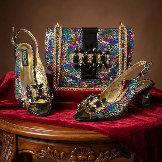 2026 New Elegant Italian Design Women's Black Heels with Rhinestones and Metal Decoration Shoes and Matching Bag Set for Party