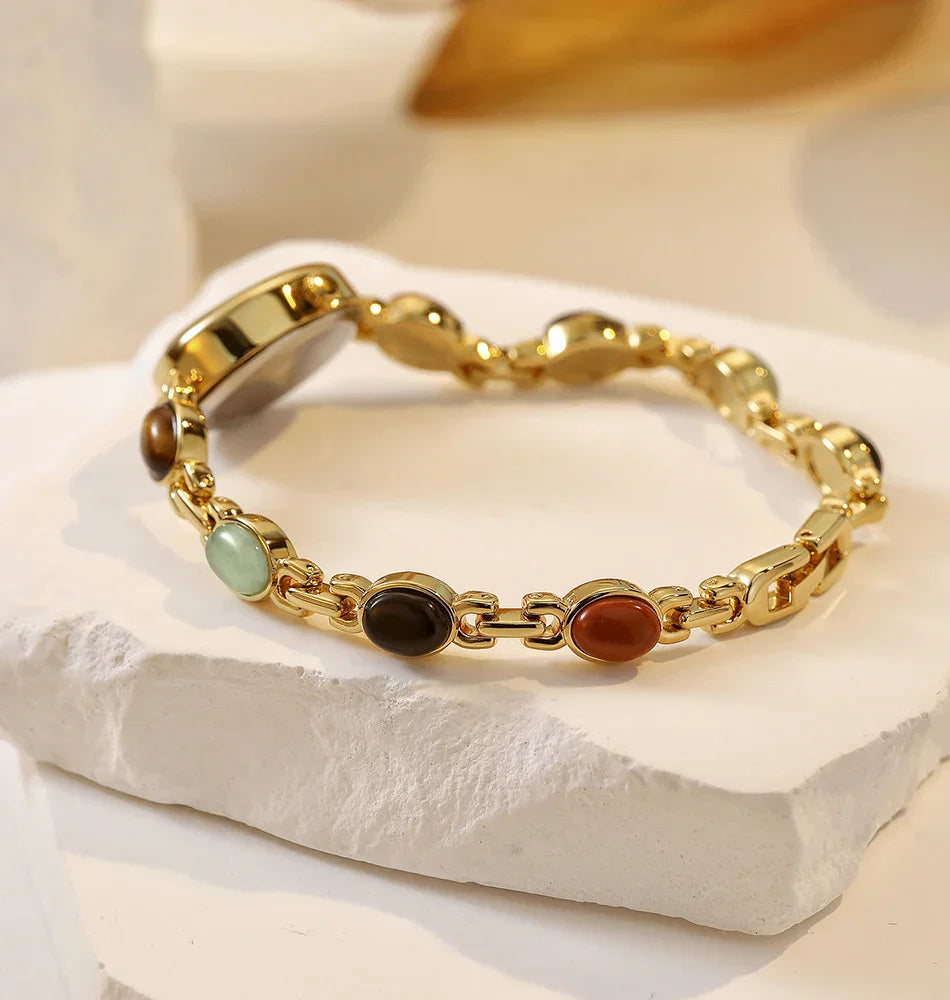 Women's watch Vintage Natural Colorful Jade Bracelet Wristwatches Clock,Luxury Elegant Small Oval Dial Quartz Watch Waterproof