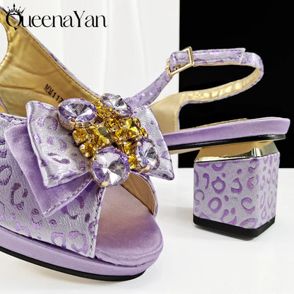 2025 Shiny Italian Fashion Pointed Toe Women Heel Fashion Rhinestone Decoration Pink Color Shoes And Bag Set
