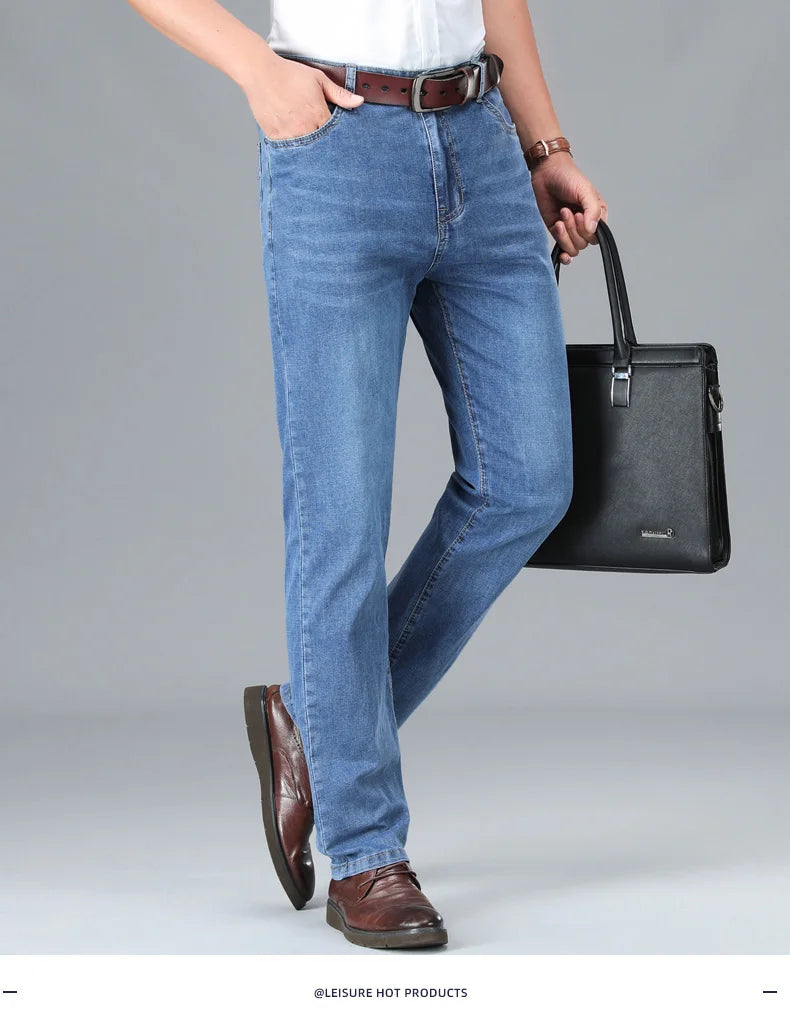 2026 Brand Thin or Thick Material Straight Cotton Stretch Denim Men's  Business Casual High Waist Light Grey Blue Jeans