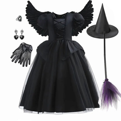Black Princess Witch Dress with Hat Halloween 2025 Wizard Costume Play Girl Carnival Street Party Apparel Villain Witch Vestidos