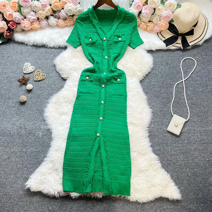 Fashion Sexy Package Hips Knitted Dress Women V-neck Single-breasted Bodycon Sweater Dress Office Lady Vestidos