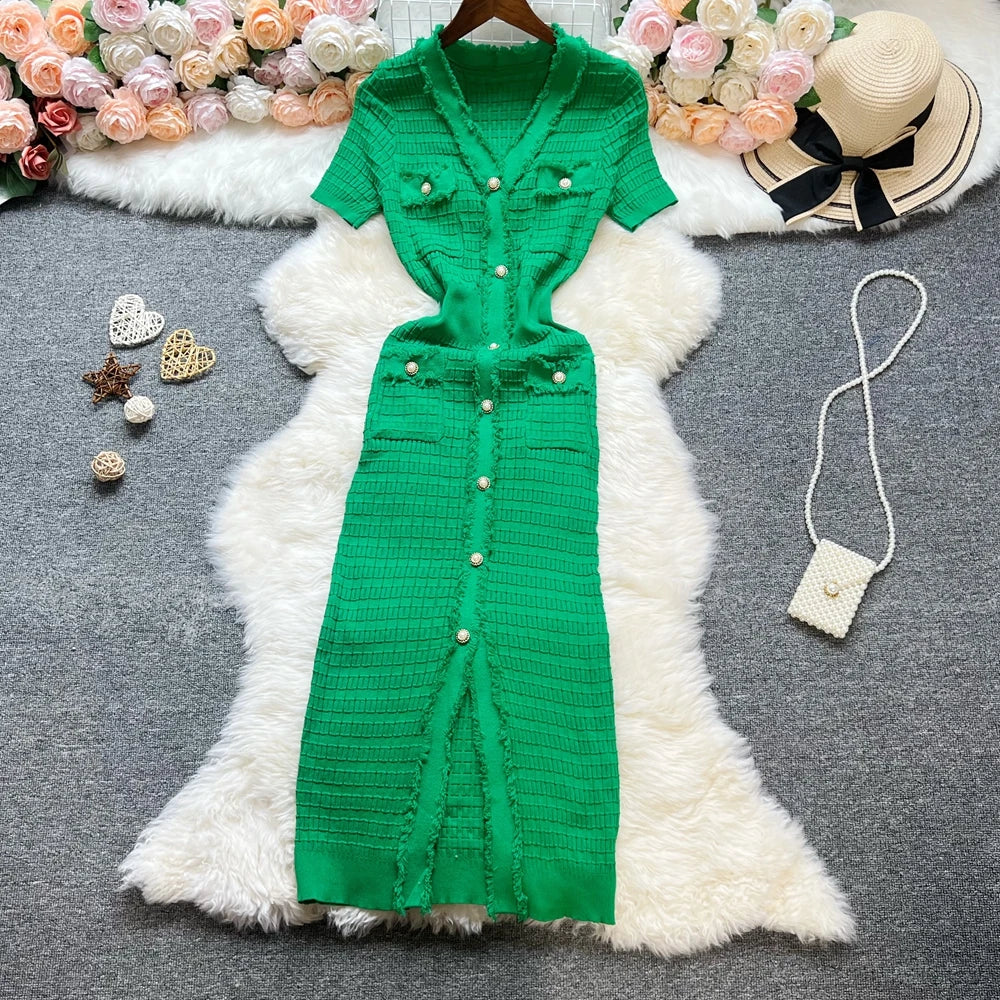 Fashion Sexy Package Hips Knitted Dress Women V-neck Single-breasted Bodycon Sweater Dress Office Lady Vestidos