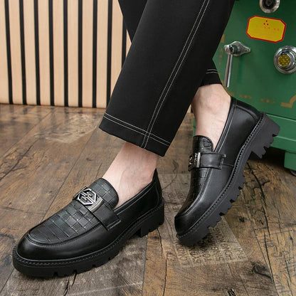 Men Loafers PU Thick Sole Round Toe Checkered Pattern Fashionable Classic Business Formal Shoes