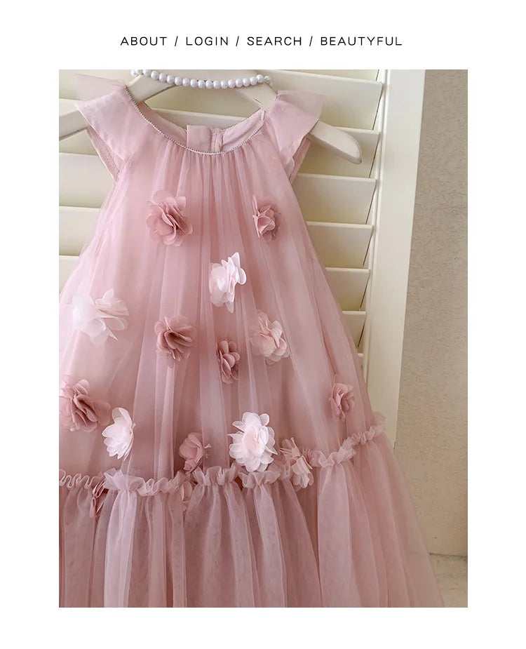 Girls' Sleeveless Floral Mesh Dress - Princess Party Gown for Toddlers 2-8 Years, Breathable Wedding & Special Occasion Dress