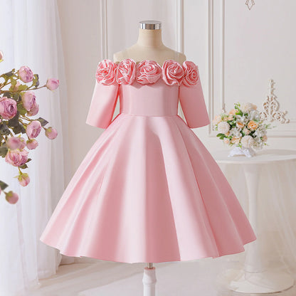 Vestido de Festa Infantil com Flores 3D de Verão Elegante para Meninas Vestido de Dama de Honra Princesa Vestido de Formatura Menina Laço Aniversário Apresentação de Piano Vestido de Noite