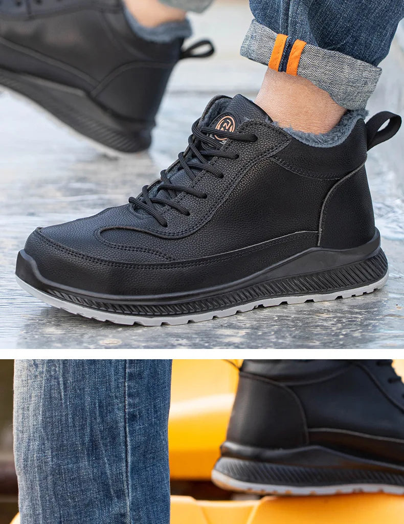 Plush Labor Protection Shoes for Winter Work Shoes Men's Anti Smashing Anti Piercing Microfiber Leather Work Cotton Safety Shoes