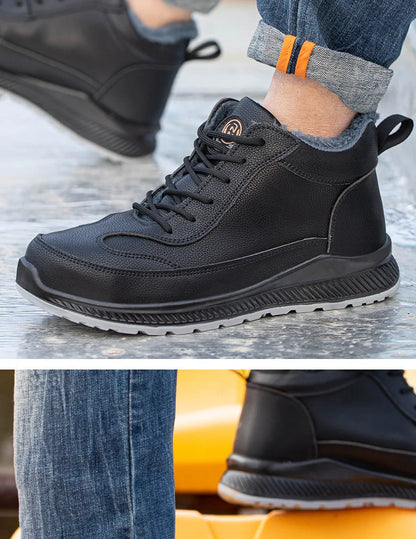 Plush Labor Protection Shoes for Winter Work Shoes Men's Anti Smashing Anti Piercing Microfiber Leather Work Cotton Safety Shoes