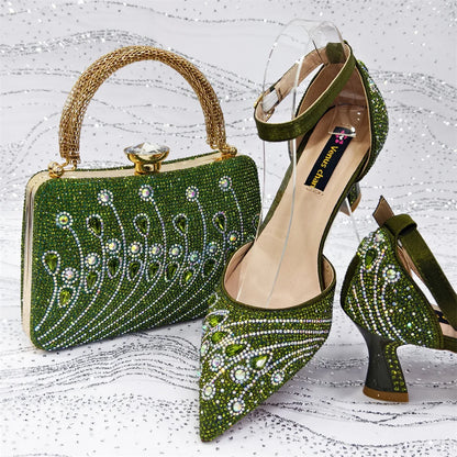 2025 Elegant Rhinestone Pointed Toe Pumps With Matching Bag Set Large Size shoes Big Bag for Women's Party High Heels