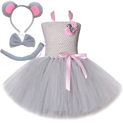 Pink Gray Mouse Tutu Dress for Baby Girls Grey Rat Costumes with Ears Bow Tie Tail Kids Animal Carnival Outfit Birthday Clothes