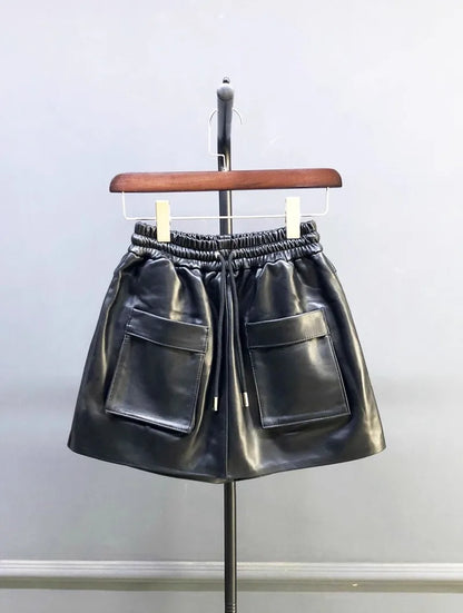 New Autumn Natural Sheepskin Elastic Waist Shorts Skirts A-Line Pocket Wide Leg Casual Above Knee Mini Genuine Leather Skirt 4XL
