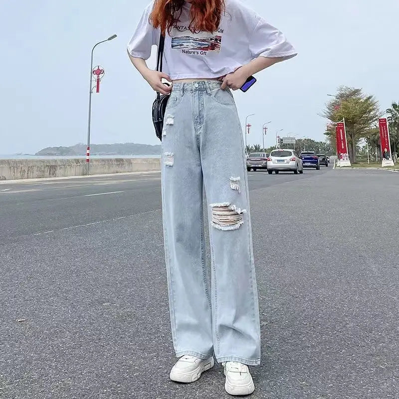 Calça Jeans Feminina Cintura Alta Primavera Verão Fina Reta Solta 2022 Nova Moda Casual Fina Perna Larga