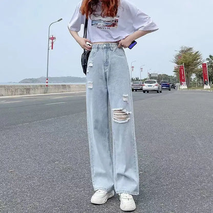 Calça Jeans Feminina Cintura Alta Primavera Verão Fina Reta Solta 2022 Nova Moda Casual Fina Perna Larga