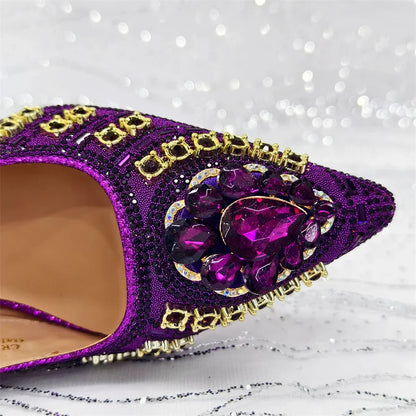 High Heel for Lady 2025 Luxury Designer Orange Color Full Diamond Pointed Toe Wedding Shoe and Bag Set for Party