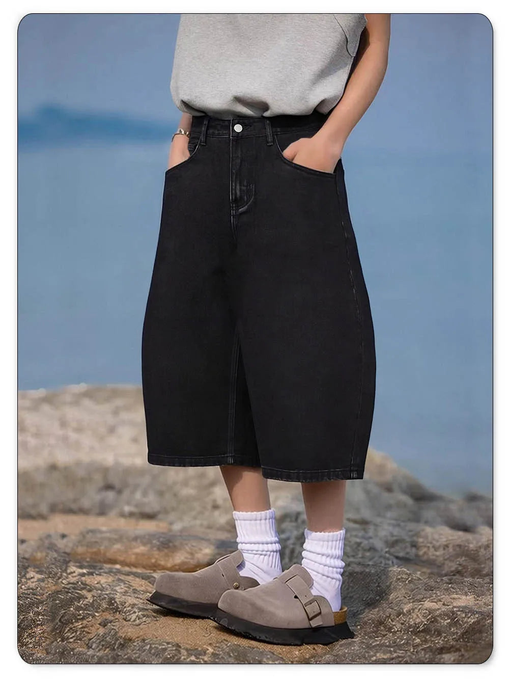 Summer American Style Retro Black Ultra Baggy Machete Wide Leg Denim Shorts Fashion Men's Women's Daily Jeans Capris Jeans