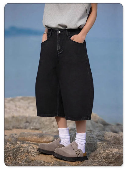 Summer American Style Retro Black Ultra Baggy Machete Wide Leg Denim Shorts Fashion Men's Women's Daily Jeans Capris Jeans