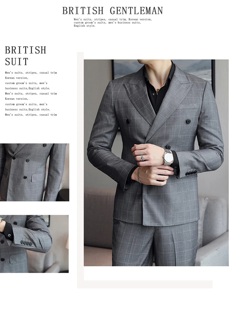 S-5XL ( Blazer + Pants ) Men's High-end Brand Formal Double Breasted Suit Gray 2 Piece Set Wedding Dress Plaid Suit Groom Party