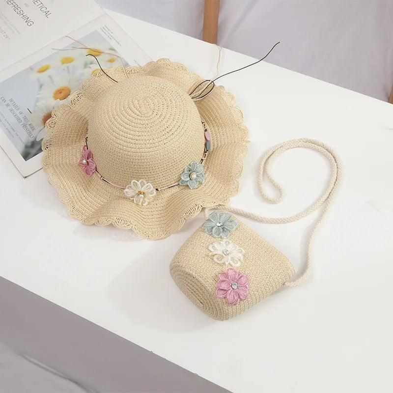 little girls summer straw sun hats and straw shoulder bags