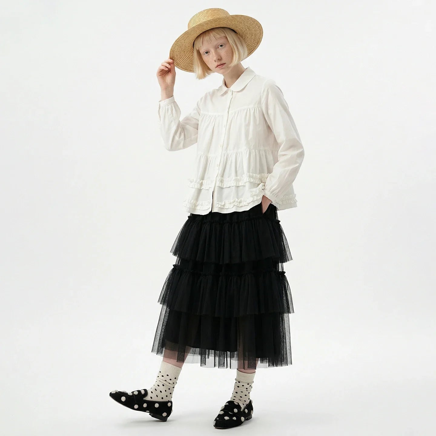 Spring Japanese Mesh High Waist Medium Length A-line Half length Skirt Women's Elastic Forest Black Cake Skirt 265434