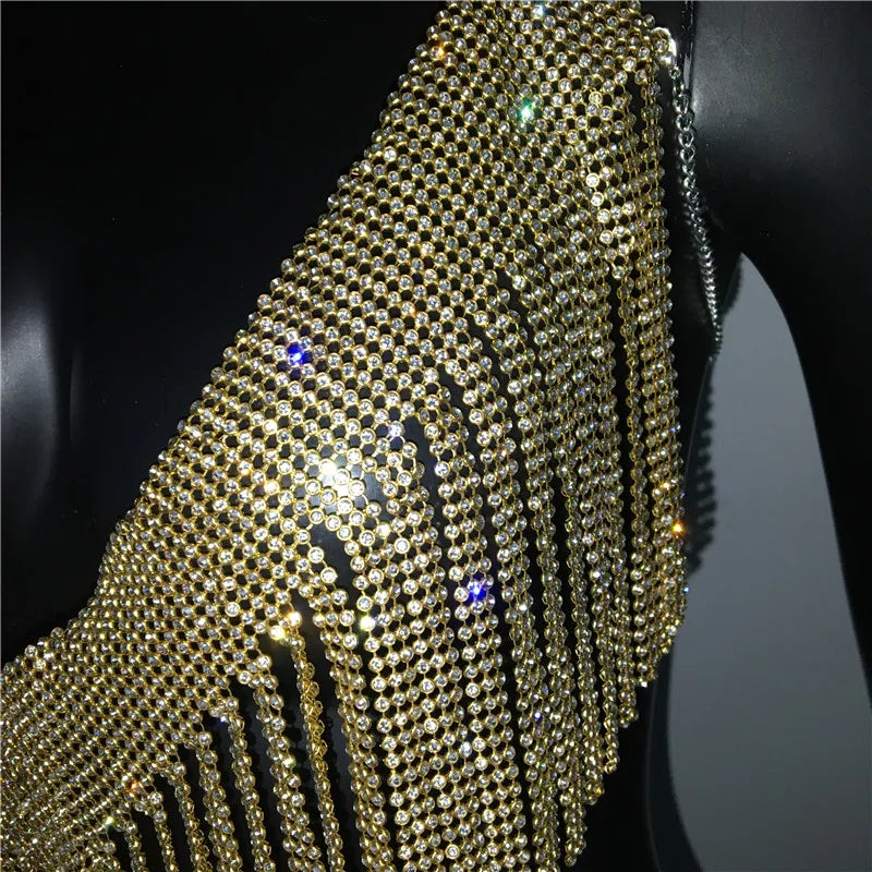 Bling Rhinestones Tassel Party Crop Top Woman Fashion Halter Neck Backless Design Full Diamond Sequins Nightclub Clubwear