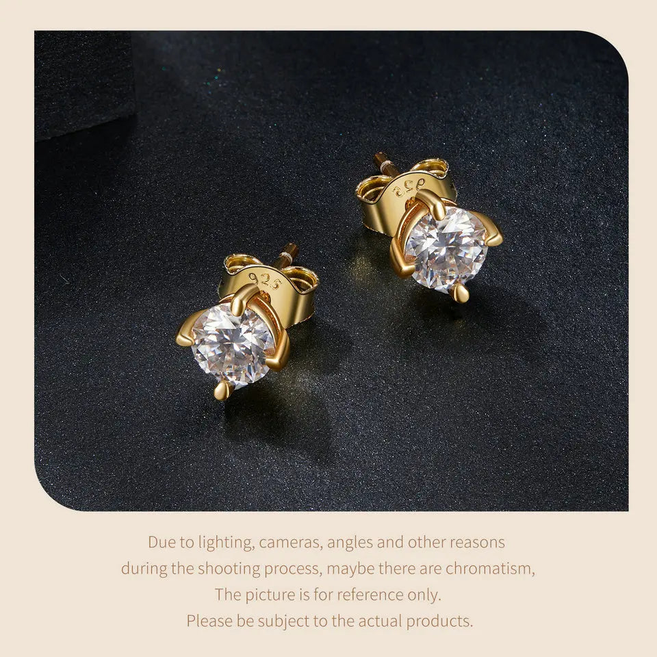 Gold Plated Round Moissanite Stud Earrings for Women, 925 Sterling Silver Classic Engagement Wedding Jewelry Gift MSE038