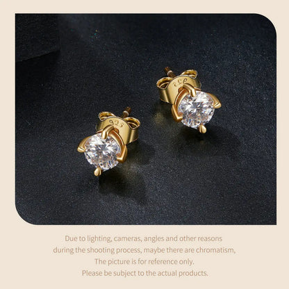 Gold Plated Round Moissanite Stud Earrings for Women, 925 Sterling Silver Classic Engagement Wedding Jewelry Gift MSE038